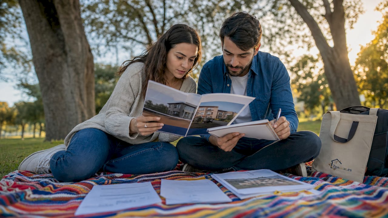 Pareja revisando los papeles para comprar su nueva vivienda en el salón de su piso